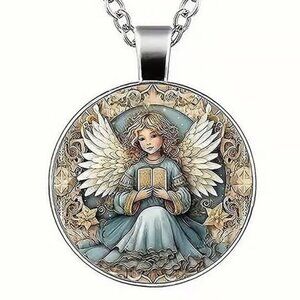 Silver ANGEL Glass Cabochon Pendant Necklace